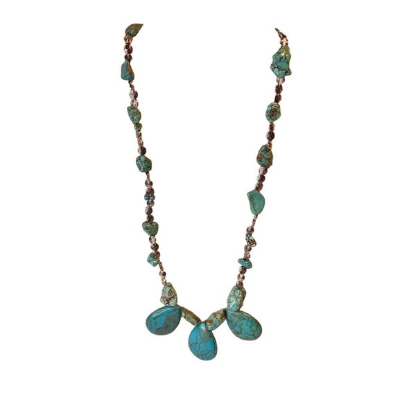 Handcrafted Beaded Necklace Turquoise and Brown Stones and Silver Beads NEW - Picture 1 of 7